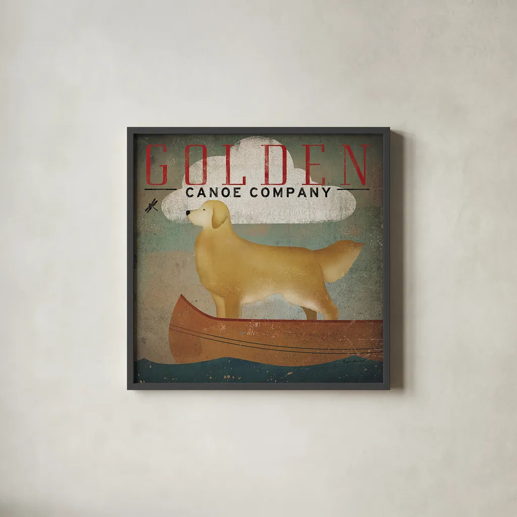 Golden Dog Canoe Co by Ryan Fowler. Shown in a sleek black glass frame for a contemporary gallery look. Available as an archival giclee rolled canvas, fine art paper, or poster print. SKU 11276a.