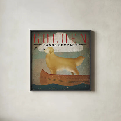 Golden Dog Canoe Co by Ryan Fowler. Shown in a sleek black glass frame for a contemporary gallery look. Available as an archival giclee rolled canvas, fine art paper, or poster print. SKU 11276a.
