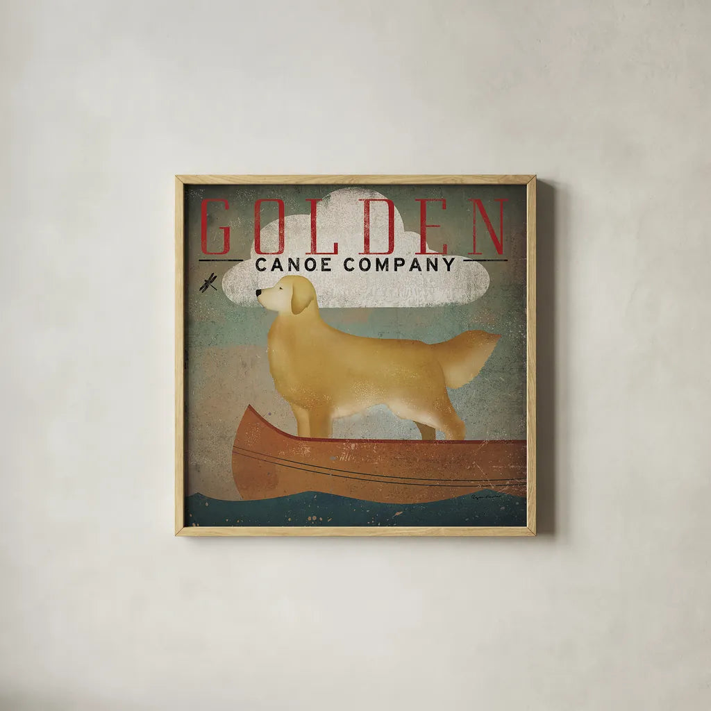 Golden Dog Canoe Co by Ryan Fowler. Shown in a natural wood glass frame for a timeless modern aesthetic. Available as an archival giclee rolled canvas, fine art paper, or poster print. SKU 11276a.