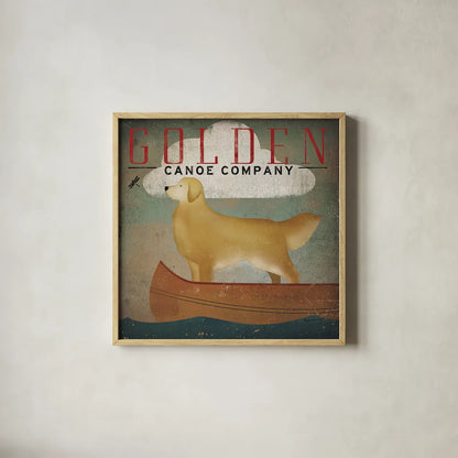 Golden Dog Canoe Co by Ryan Fowler. Shown in a natural wood glass frame for a timeless modern aesthetic. Available as an archival giclee rolled canvas, fine art paper, or poster print. SKU 11276a.