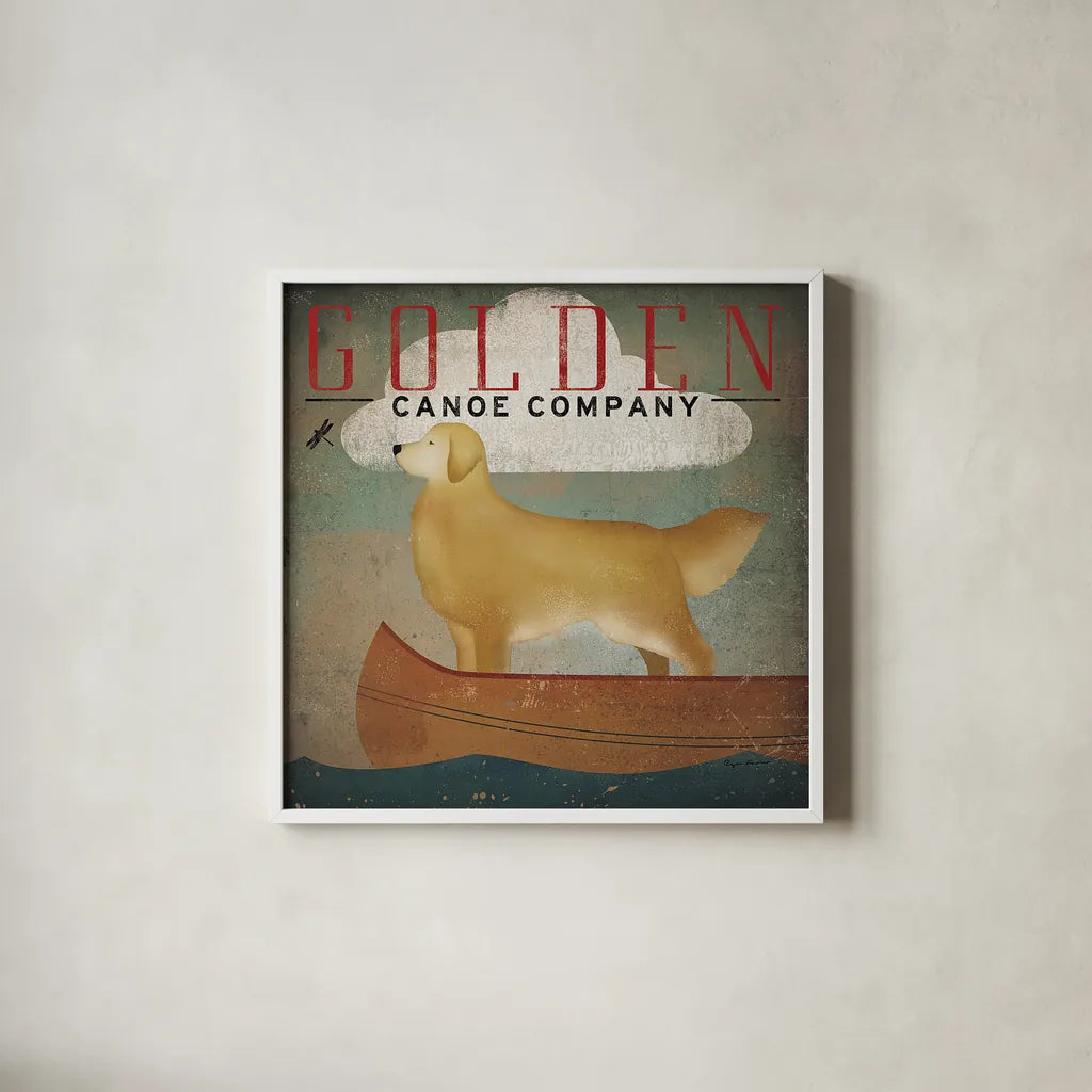 Golden Dog Canoe Co by Ryan Fowler. Shown in a crisp white glass frame for a clean and minimalist style. Available as an archival giclee rolled canvas, fine art paper, or poster print. SKU 11276a.