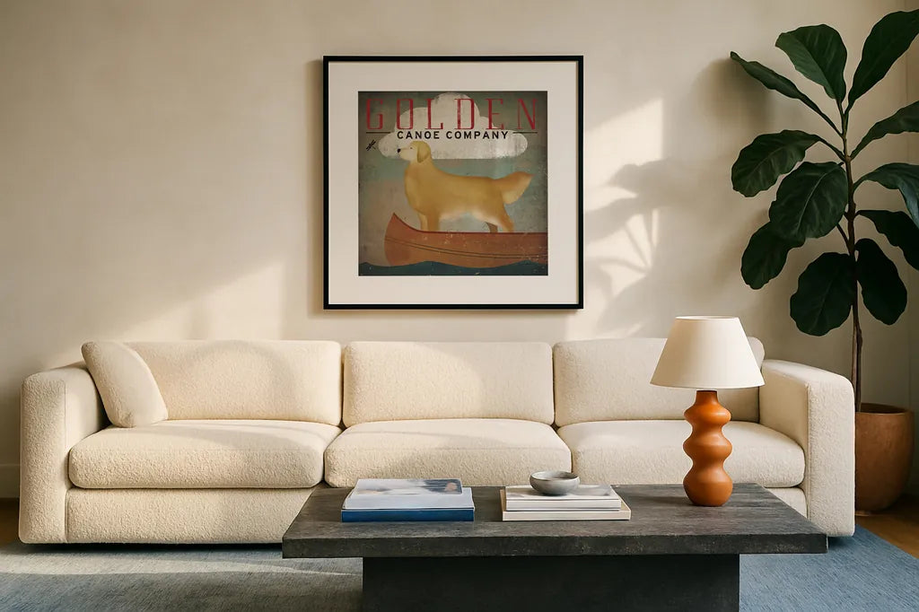 Golden Dog Canoe Co by Ryan Fowler. Displayed in a glass frame with matte in a clean modern living room. Available as an archival giclee rolled canvas, fine art paper, or poster print. SKU 11276a.