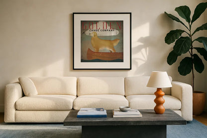 Golden Dog Canoe Co by Ryan Fowler. Displayed in a glass frame with matte in a clean modern living room. Available as an archival giclee rolled canvas, fine art paper, or poster print. SKU 11276a.