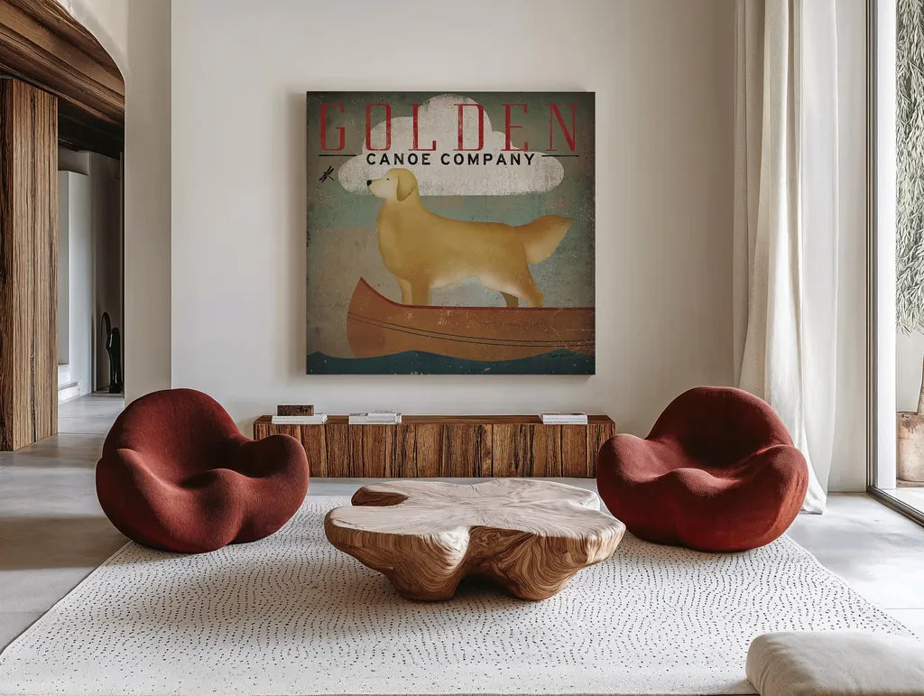 Golden Dog Canoe Co by Ryan Fowler. Shown as extra-large giant wall art in a modern living room. Available as an archival giclee rolled canvas, fine art paper, or poster print. SKU 11276a.