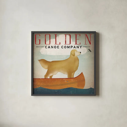 Golden Dog Canoe Co Right Facing by Ryan Fowler. Shown in a sleek black glass frame for a contemporary gallery look. Available as an archival giclee rolled canvas, fine art paper, or poster print. SKU 35287a.
