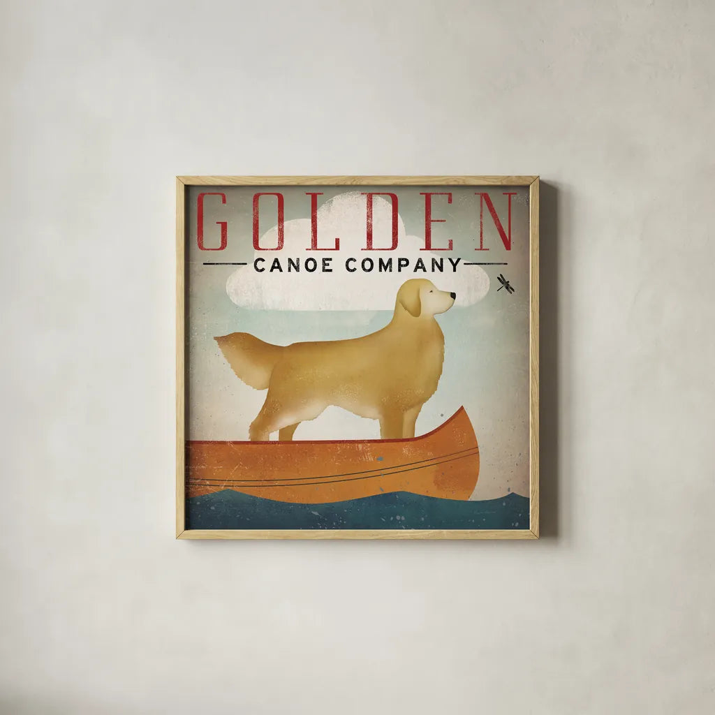 Golden Dog Canoe Co Right Facing by Ryan Fowler. Shown in a natural wood glass frame for a timeless modern aesthetic. Available as an archival giclee rolled canvas, fine art paper, or poster print. SKU 35287a.