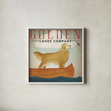 Golden Dog Canoe Co Right Facing by Ryan Fowler. Shown in a crisp white glass frame for a clean and minimalist style. Available as an archival giclee rolled canvas, fine art paper, or poster print. SKU 35287a.