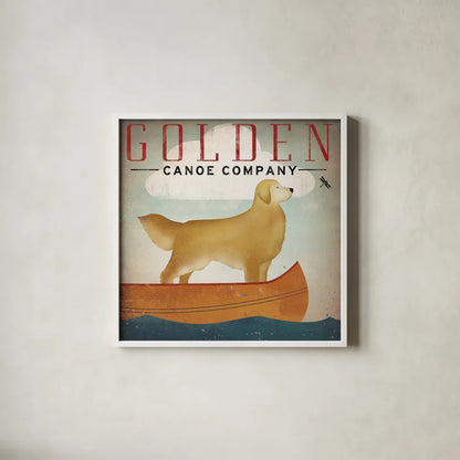 Golden Dog Canoe Co Right Facing by Ryan Fowler. Shown in a crisp white glass frame for a clean and minimalist style. Available as an archival giclee rolled canvas, fine art paper, or poster print. SKU 35287a.