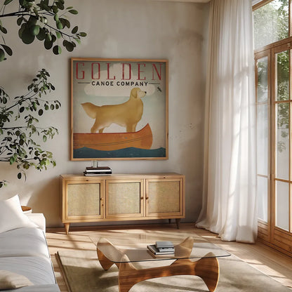 Golden Dog Canoe Co Right Facing by Ryan Fowler. Shown in a natural wood frame in a cozy modern living room. Available as an archival giclee rolled canvas, fine art paper, or poster print. SKU 35287a.