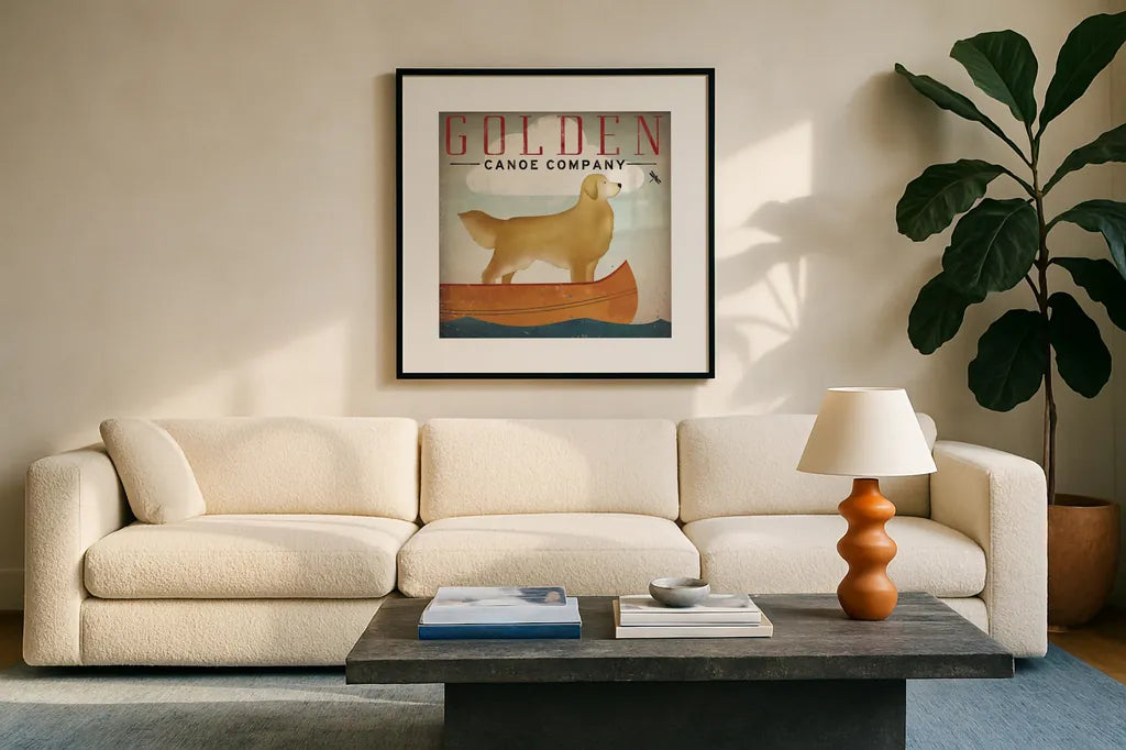 Golden Dog Canoe Co Right Facing by Ryan Fowler. Displayed in a glass frame with matte in a clean modern living room. Available as an archival giclee rolled canvas, fine art paper, or poster print. SKU 35287a.