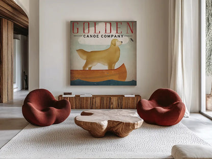 Golden Dog Canoe Co Right Facing by Ryan Fowler. Shown as extra-large giant wall art in a modern living room. Available as an archival giclee rolled canvas, fine art paper, or poster print. SKU 35287a.