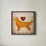 Golden Dog Love I by Ryan Fowler. Shown in a sleek black glass frame for a contemporary gallery look. Available as an archival giclee rolled canvas, fine art paper, or poster print. SKU 35303a.