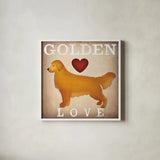 Golden Dog Love I by Ryan Fowler. Shown in a crisp white glass frame for a clean and minimalist style. Available as an archival giclee rolled canvas, fine art paper, or poster print. SKU 35303a.