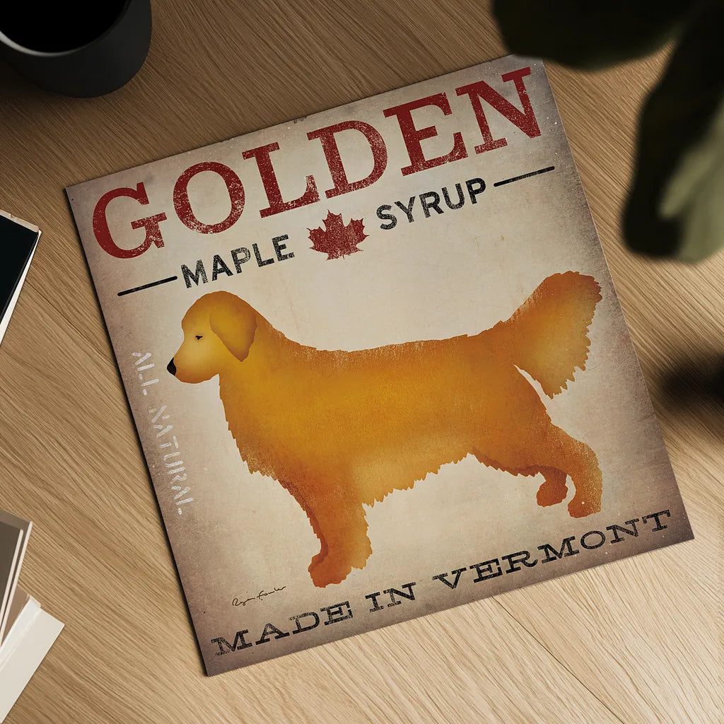 Golden Dog at Show by Ryan Fowler. Shown as a detailed flat fine art print, highlighting archival giclee quality. Available as an archival giclee rolled canvas, fine art paper, or poster print. SKU 16724a.