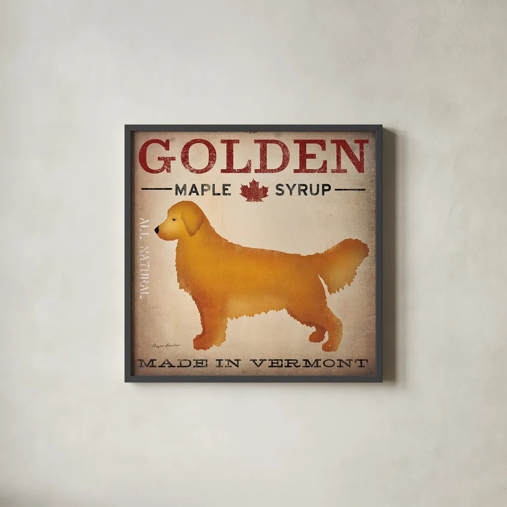 Golden Dog at Show by Ryan Fowler. Shown in a sleek black glass frame for a contemporary gallery look. Available as an archival giclee rolled canvas, fine art paper, or poster print. SKU 16724a.