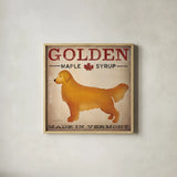 Golden Dog at Show by Ryan Fowler. Shown in a natural wood glass frame for a timeless modern aesthetic. Available as an archival giclee rolled canvas, fine art paper, or poster print. SKU 16724a.