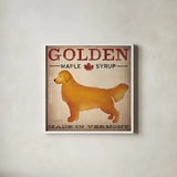 Golden Dog at Show by Ryan Fowler. Shown in a crisp white glass frame for a clean and minimalist style. Available as an archival giclee rolled canvas, fine art paper, or poster print. SKU 16724a.