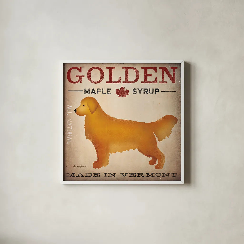 Golden Dog at Show by Ryan Fowler. Shown in a crisp white glass frame for a clean and minimalist style. Available as an archival giclee rolled canvas, fine art paper, or poster print. SKU 16724a.