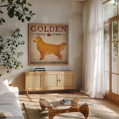Golden Dog at Show by Ryan Fowler. Shown in a natural wood frame in a cozy modern living room. Available as an archival giclee rolled canvas, fine art paper, or poster print. SKU 16724a.
