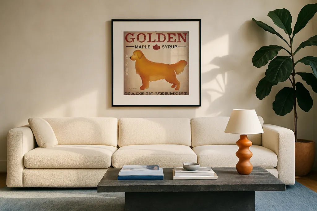 Golden Dog at Show by Ryan Fowler. Displayed in a glass frame with matte in a clean modern living room. Available as an archival giclee rolled canvas, fine art paper, or poster print. SKU 16724a.