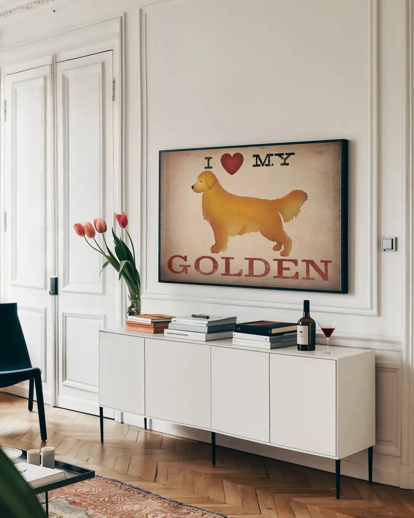 Golden Dog at Show Love III by Ryan Fowler. shown as a framed stretched canvas in a living room above a console. Available as a archival giclee rolled canvas, fine art paper, or poster print. SKU 35305i.