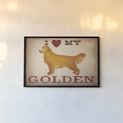 Golden Dog at Show Love III by Ryan Fowler. shown as a paper print in a black flame. Available as a archival giclee rolled canvas, fine art paper, or poster print. SKU 35305i.
