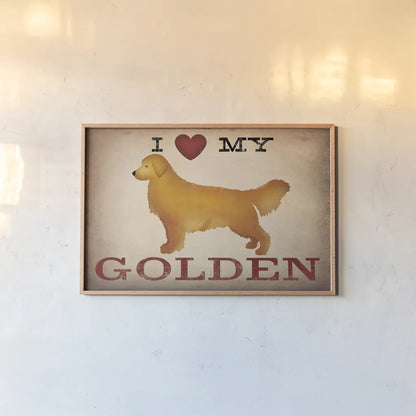 Golden Dog at Show Love III by Ryan Fowler. shown as a paper print in a natural frame. Available as a archival giclee rolled canvas, fine art paper, or poster print. SKU 35305i.