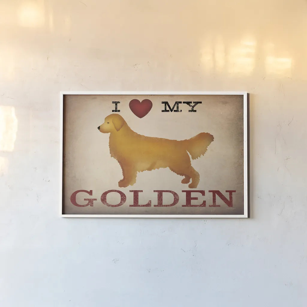 Golden Dog at Show Love III by Ryan Fowler. shown as a paper print in a white frame. Available as a archival giclee rolled canvas, fine art paper, or poster print. SKU 35305i.