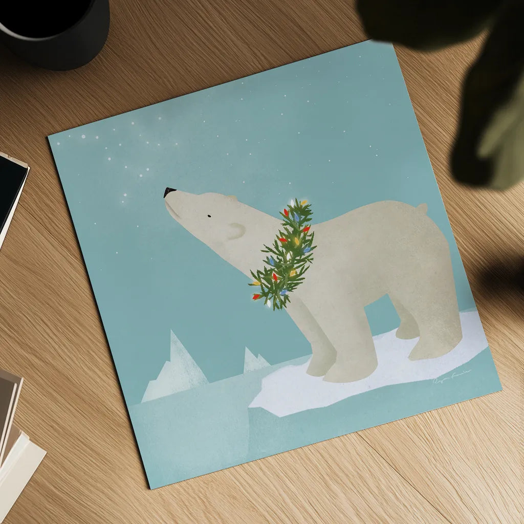 Holiday Polar Bear by Ryan Fowler. Shown as a detailed flat fine art print, highlighting archival giclee quality. Available as an archival giclee rolled canvas, fine art paper, or poster print. SKU 74534a.