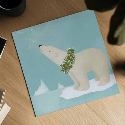 Holiday Polar Bear by Ryan Fowler. Shown as a detailed flat fine art print, highlighting archival giclee quality. Available as an archival giclee rolled canvas, fine art paper, or poster print. SKU 74534a.