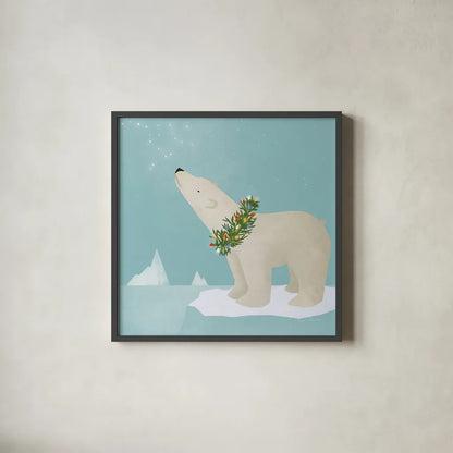 Holiday Polar Bear by Ryan Fowler. Shown in a sleek black glass frame for a contemporary gallery look. Available as an archival giclee rolled canvas, fine art paper, or poster print. SKU 74534a.