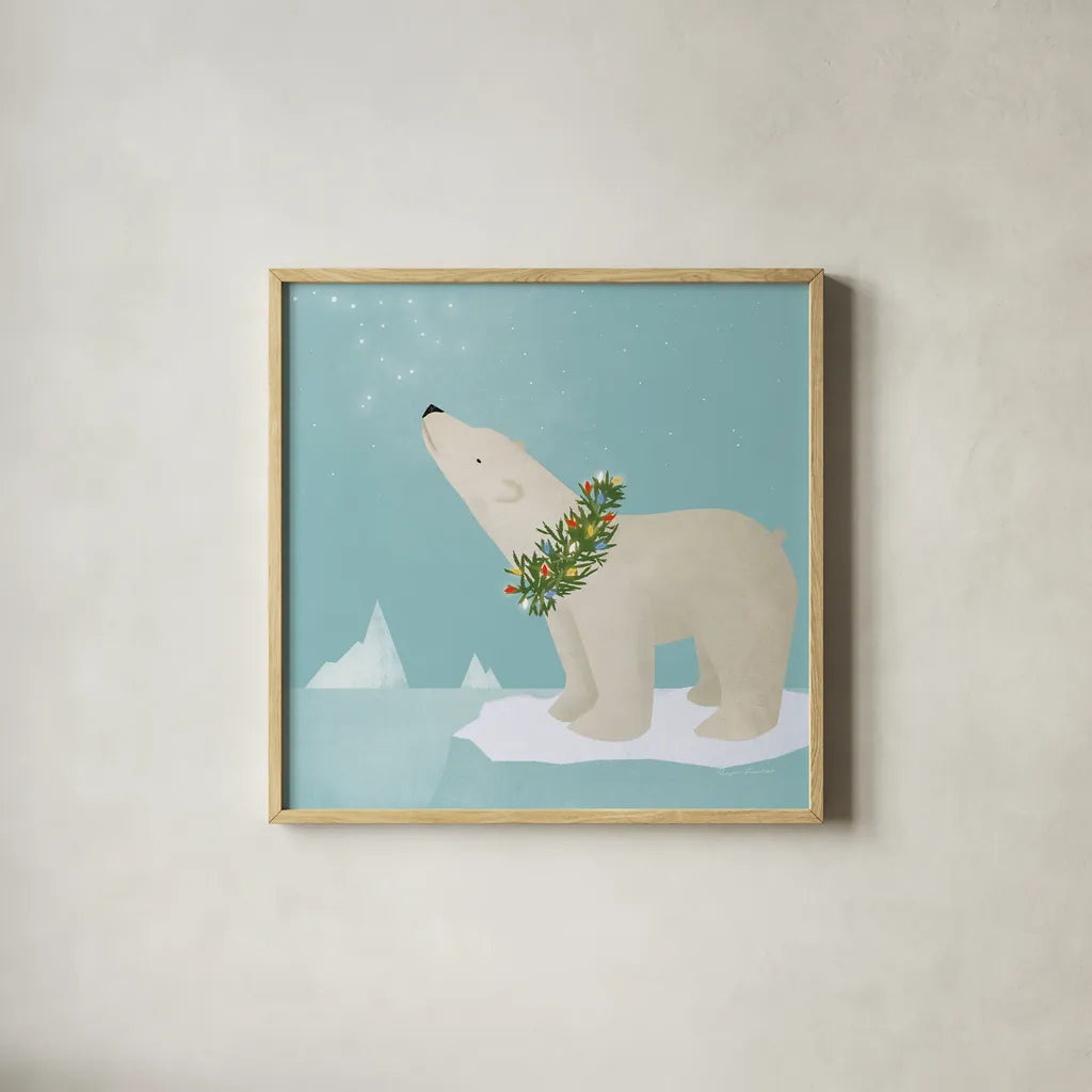Holiday Polar Bear by Ryan Fowler. Shown in a natural wood glass frame for a timeless modern aesthetic. Available as an archival giclee rolled canvas, fine art paper, or poster print. SKU 74534a.