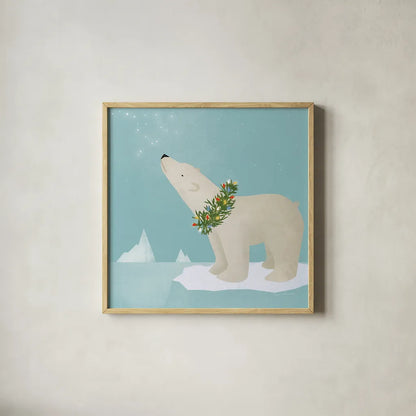 Holiday Polar Bear by Ryan Fowler. Shown in a natural wood glass frame for a timeless modern aesthetic. Available as an archival giclee rolled canvas, fine art paper, or poster print. SKU 74534a.