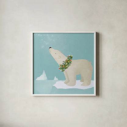 Holiday Polar Bear by Ryan Fowler. Shown in a crisp white glass frame for a clean and minimalist style. Available as an archival giclee rolled canvas, fine art paper, or poster print. SKU 74534a.