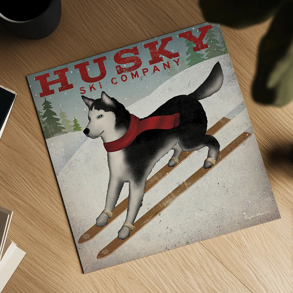 Husky Ski Co by Ryan Fowler. Shown as a detailed flat fine art print, highlighting archival giclee quality. Available as an archival giclee rolled canvas, fine art paper, or poster print. SKU 15015a.