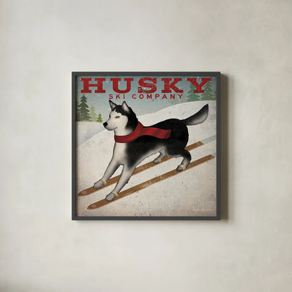 Husky Ski Co by Ryan Fowler. Shown in a sleek black glass frame for a contemporary gallery look. Available as an archival giclee rolled canvas, fine art paper, or poster print. SKU 15015a.