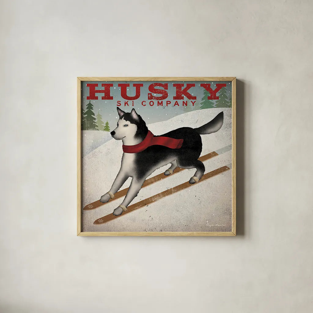Husky Ski Co by Ryan Fowler. Shown in a natural wood glass frame for a timeless modern aesthetic. Available as an archival giclee rolled canvas, fine art paper, or poster print. SKU 15015a.