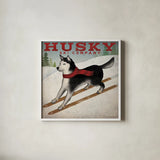 Husky Ski Co by Ryan Fowler. Shown in a crisp white glass frame for a clean and minimalist style. Available as an archival giclee rolled canvas, fine art paper, or poster print. SKU 15015a.