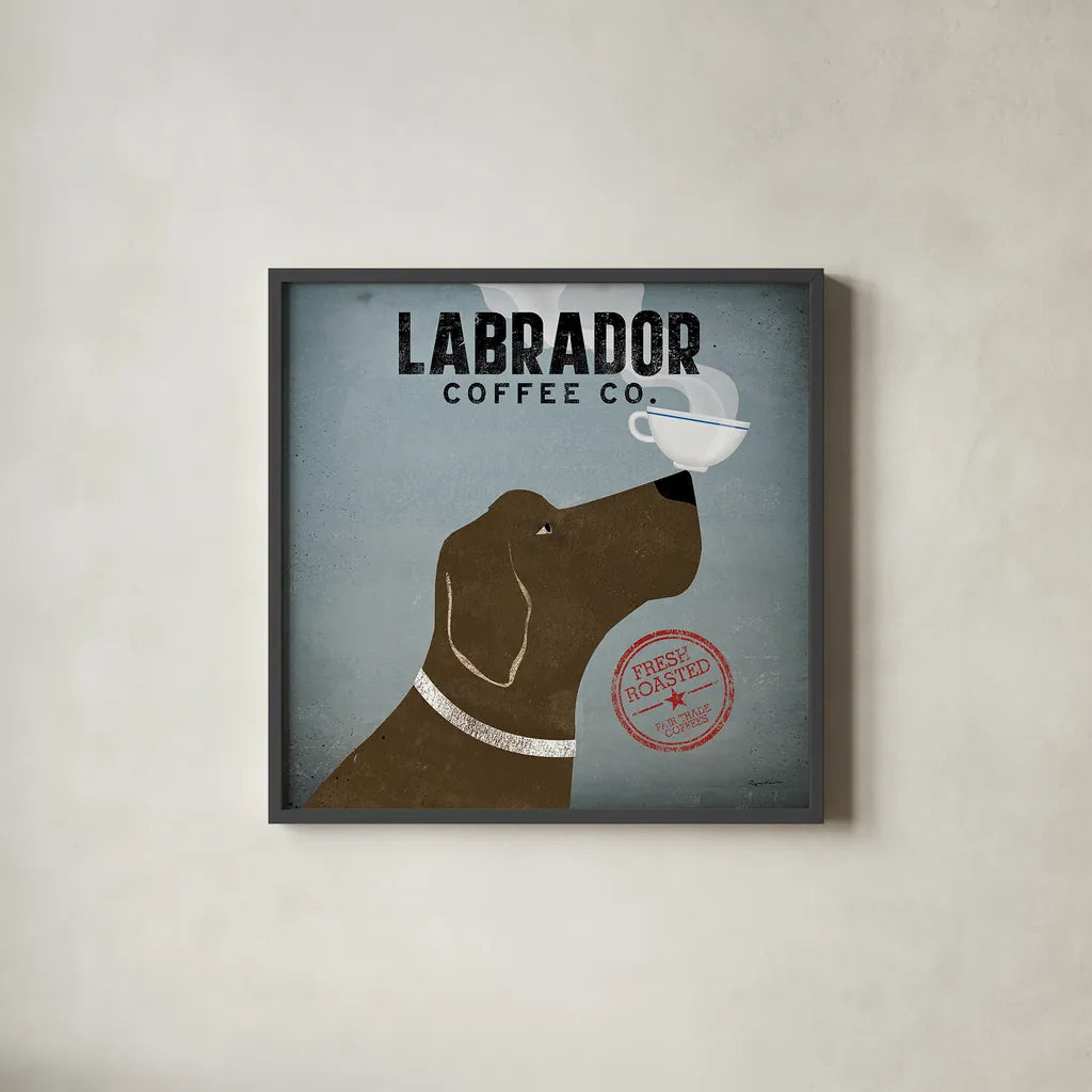 Labrador Coffee Co by Ryan Fowler. Shown in a sleek black glass frame for a contemporary gallery look. Available as an archival giclee rolled canvas, fine art paper, or poster print. SKU 10002a.