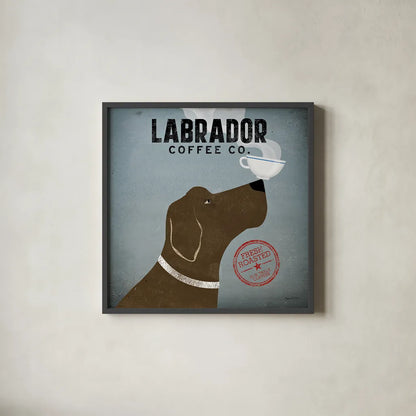 Labrador Coffee Co by Ryan Fowler. Shown in a sleek black glass frame for a contemporary gallery look. Available as an archival giclee rolled canvas, fine art paper, or poster print. SKU 10002a.