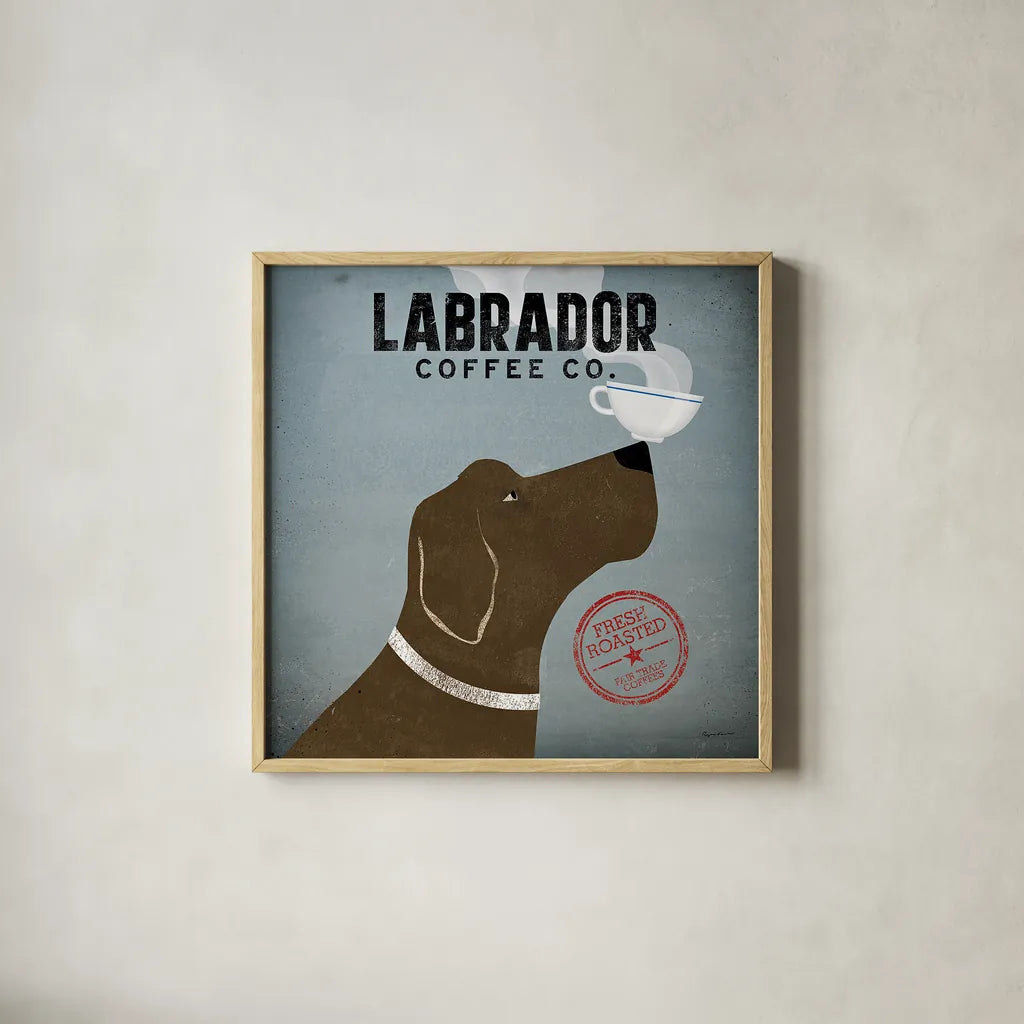 Labrador Coffee Co by Ryan Fowler. Shown in a natural wood glass frame for a timeless modern aesthetic. Available as an archival giclee rolled canvas, fine art paper, or poster print. SKU 10002a.