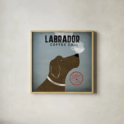 Labrador Coffee Co by Ryan Fowler. Shown in a natural wood glass frame for a timeless modern aesthetic. Available as an archival giclee rolled canvas, fine art paper, or poster print. SKU 10002a.