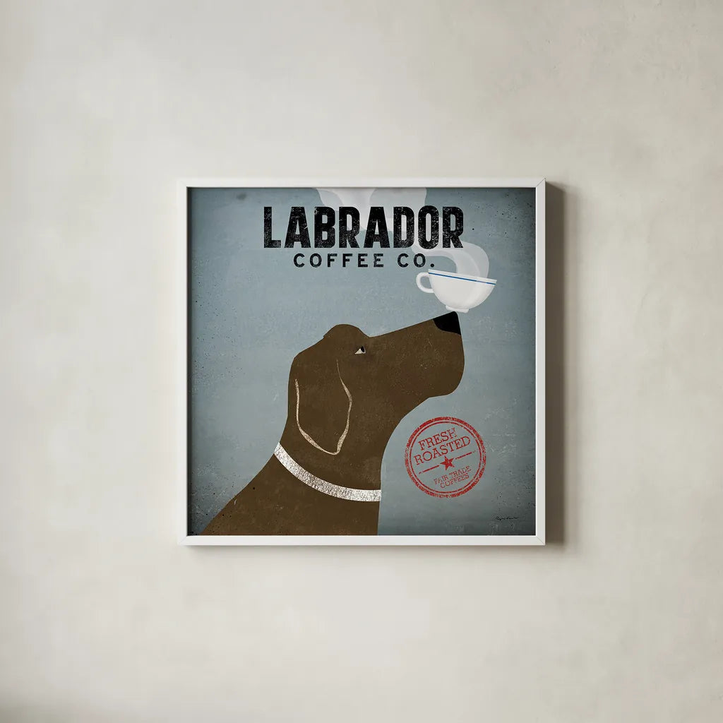 Labrador Coffee Co by Ryan Fowler. Shown in a crisp white glass frame for a clean and minimalist style. Available as an archival giclee rolled canvas, fine art paper, or poster print. SKU 10002a.