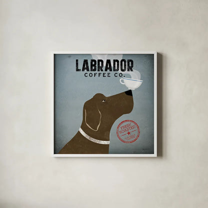 Labrador Coffee Co by Ryan Fowler. Shown in a crisp white glass frame for a clean and minimalist style. Available as an archival giclee rolled canvas, fine art paper, or poster print. SKU 10002a.