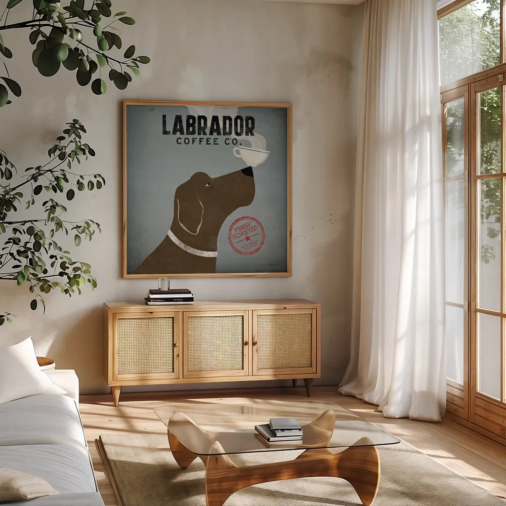 Labrador Coffee Co by Ryan Fowler. Shown in a natural wood frame in a cozy modern living room. Available as an archival giclee rolled canvas, fine art paper, or poster print. SKU 10002a.