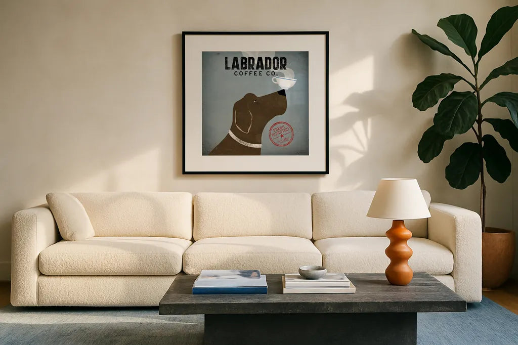 Labrador Coffee Co by Ryan Fowler. Displayed in a glass frame with matte in a clean modern living room. Available as an archival giclee rolled canvas, fine art paper, or poster print. SKU 10002a.
