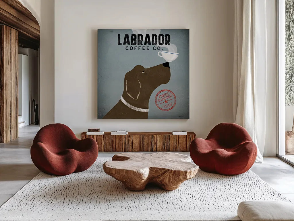 Labrador Coffee Co by Ryan Fowler. Shown as extra-large giant wall art in a modern living room. Available as an archival giclee rolled canvas, fine art paper, or poster print. SKU 10002a.