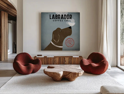 Labrador Coffee Co by Ryan Fowler. Shown as extra-large giant wall art in a modern living room. Available as an archival giclee rolled canvas, fine art paper, or poster print. SKU 10002a.