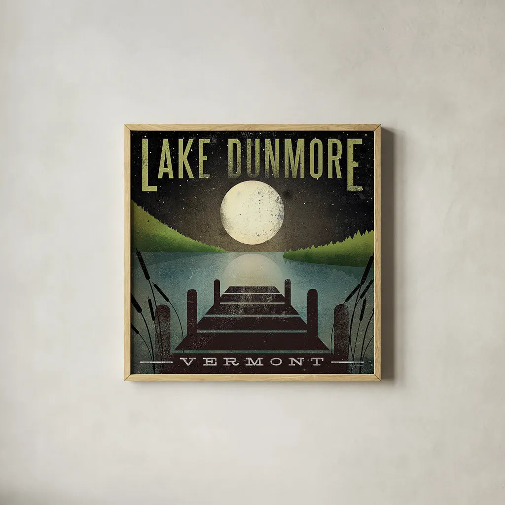 Lake Dunmore Dock Yellow by Ryan Fowler. Shown in a natural wood glass frame for a timeless modern aesthetic. Available as an archival giclee rolled canvas, fine art paper, or poster print. SKU 27785a.