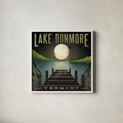 Lake Dunmore Dock Yellow by Ryan Fowler. Shown in a crisp white glass frame for a clean and minimalist style. Available as an archival giclee rolled canvas, fine art paper, or poster print. SKU 27785a.